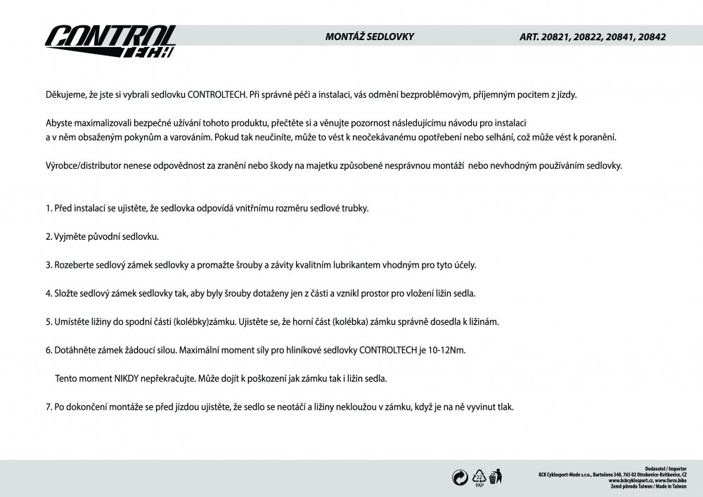 sedlovka CONTROLTECH ONE 27,2/400 mm, Al, černá