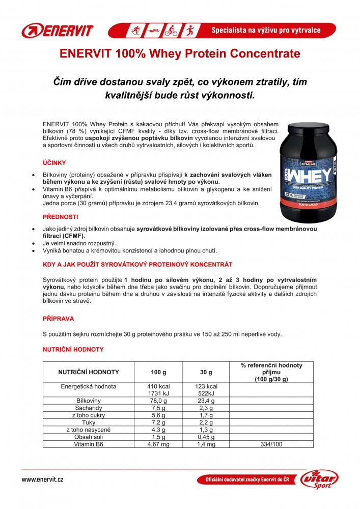 ENERVIT 100% Whey Protein Conc., dóza, 900 g kakao