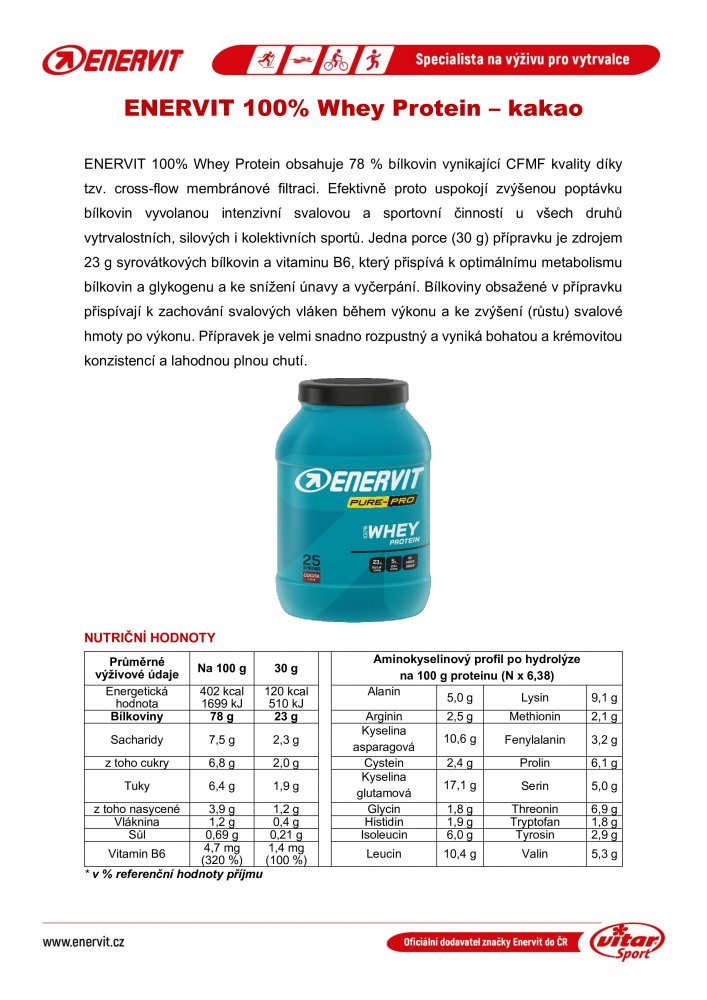 Enervit 100% Whey Protein, dóza, 750 g kakao