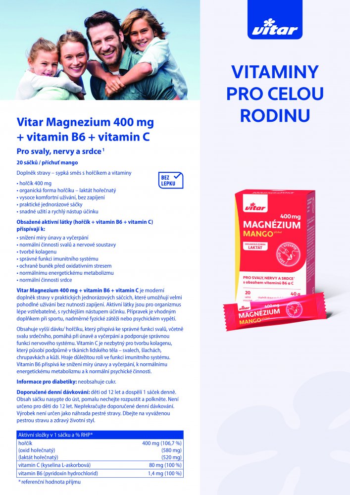 VITAR Magnézium 400 mg+vit B6+vit C,20 sáčků mango