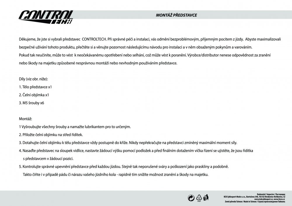 představec CONTROLTECH OE 31,8/80mm/5°, Al, černý