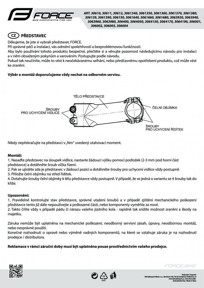 představec FORCE BASIC S4.6  25,4 Al, černý