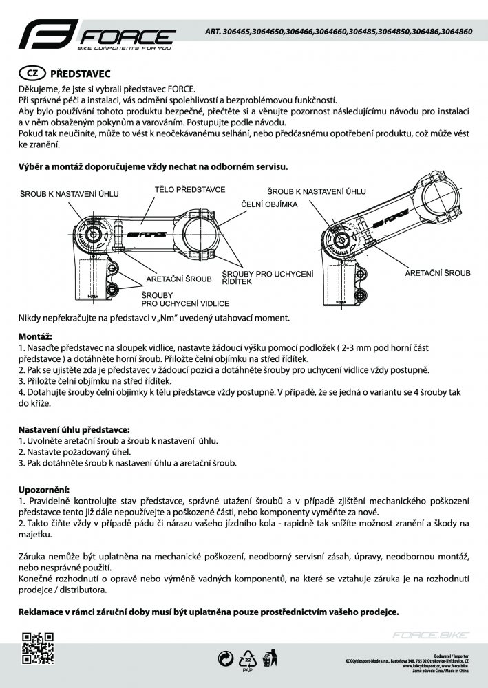 představec FORCE S6.3  25,4mm stavitelný Al, černý