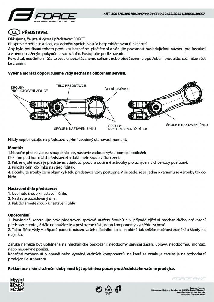 představec FORCE S6.4  31,8 stavitelný Al, černý