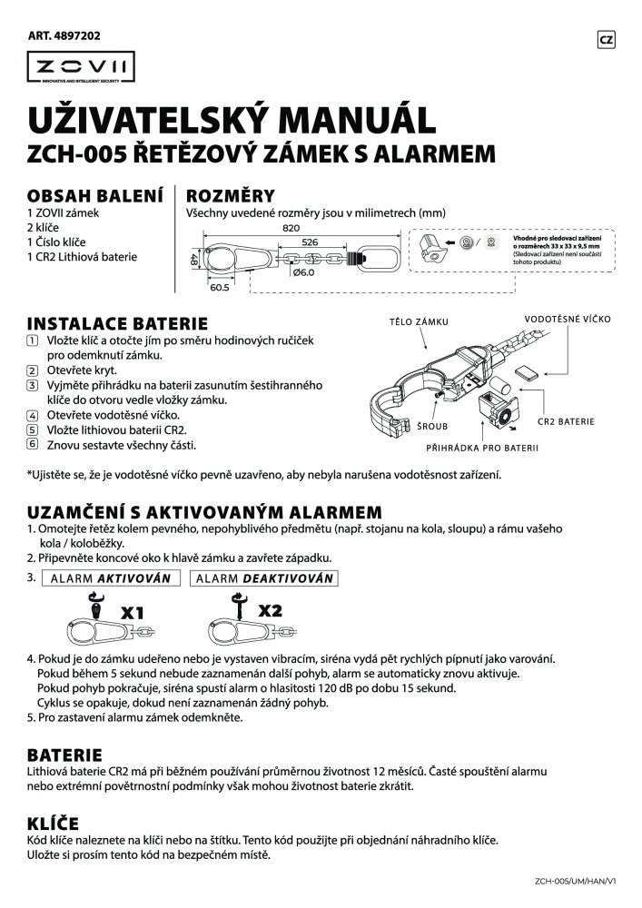 zámek ZOVII, řetězový s alarmem 6/600 mm