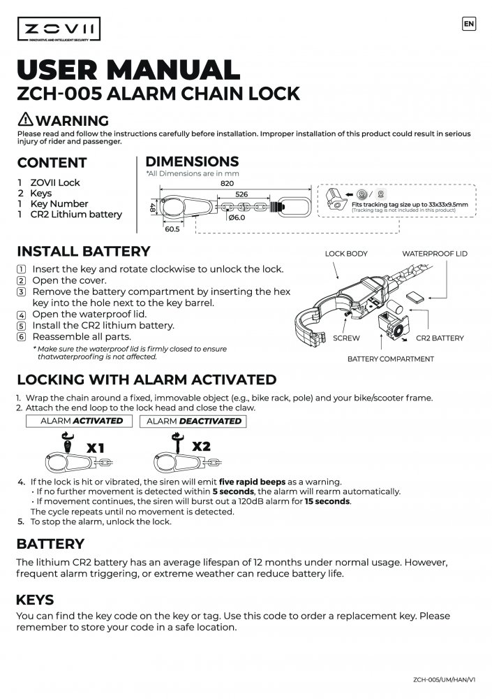 zámek ZOVII, řetězový s alarmem 6/600 mm