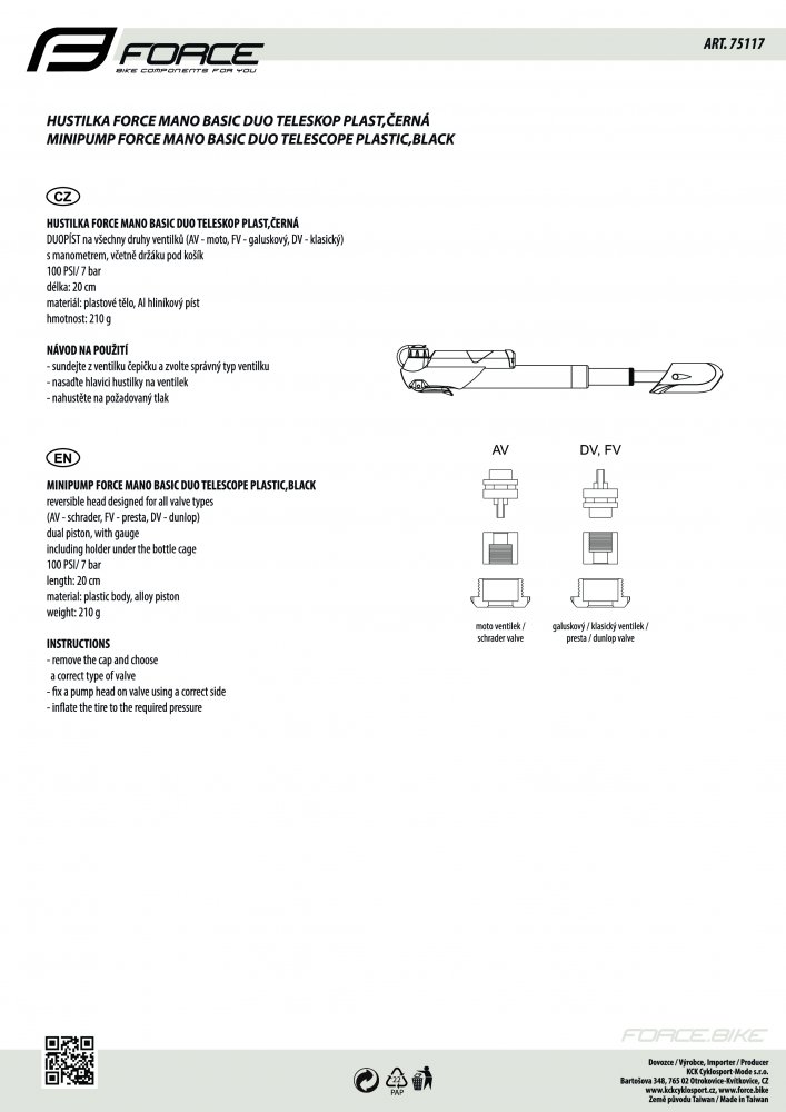 hustilka FORCE MANO BASIC DUO TELESKOP plast,černá