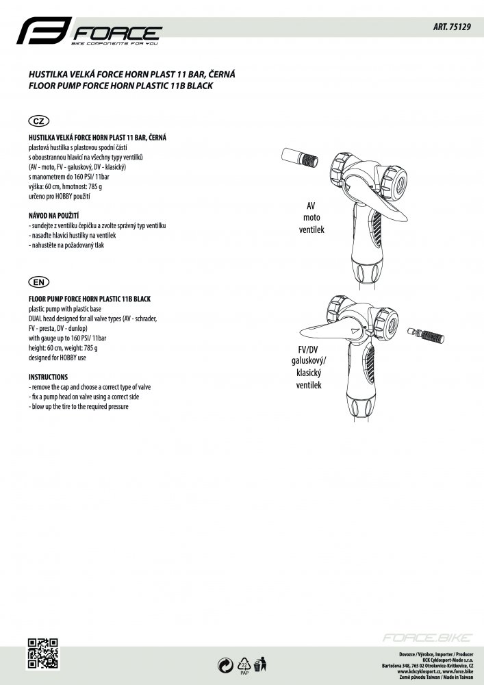 hustilka velká FORCE HORN plast 11 bar, černá