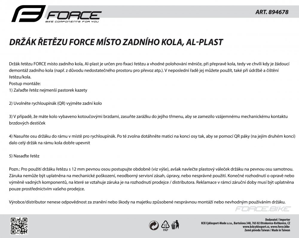 držák řetězu FORCE místo zadního kola, Al-plast