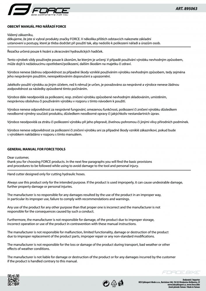 řezačka FORCE PLAST na hydraulické hadičky