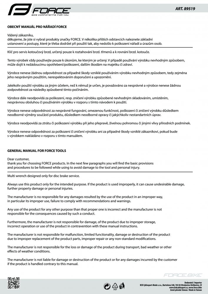 klíč kombinovaný FORCE pro servis kotoučových brzd