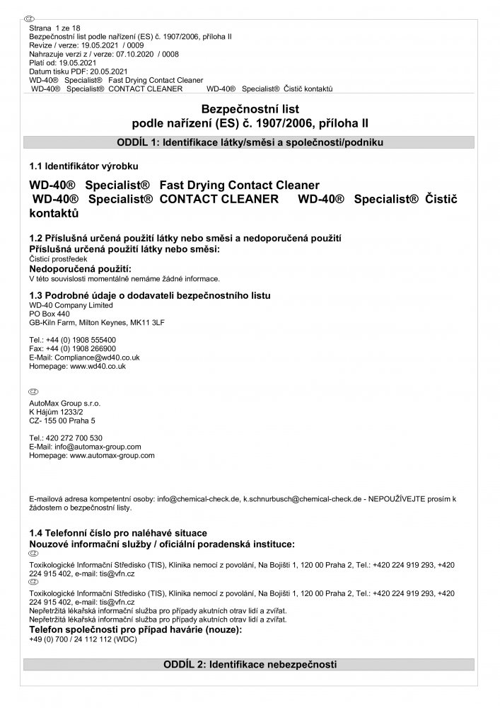 mazivo-sprej WD-40 Specialist,CONTACTCLEANER,250ml