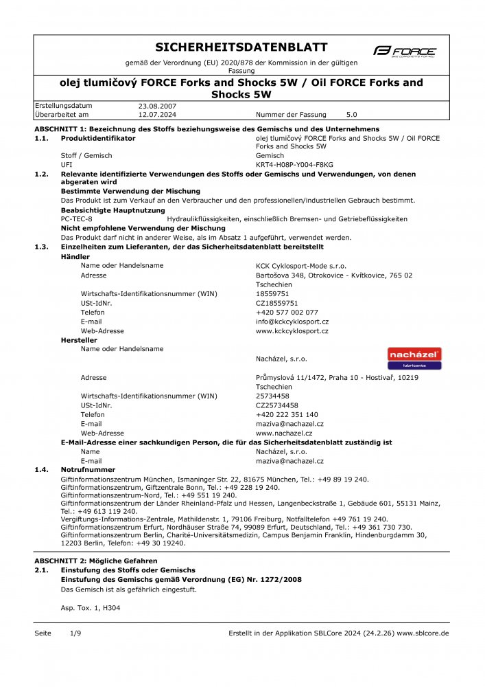 olej tlumičový 5W FORCE, láhev 1 l