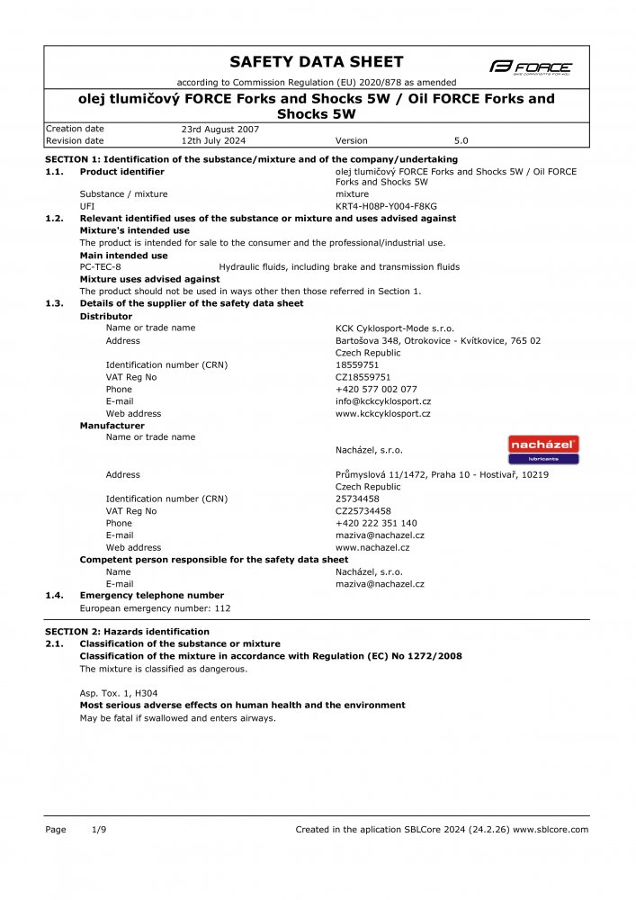 olej tlumičový 5W FORCE, láhev 1 l