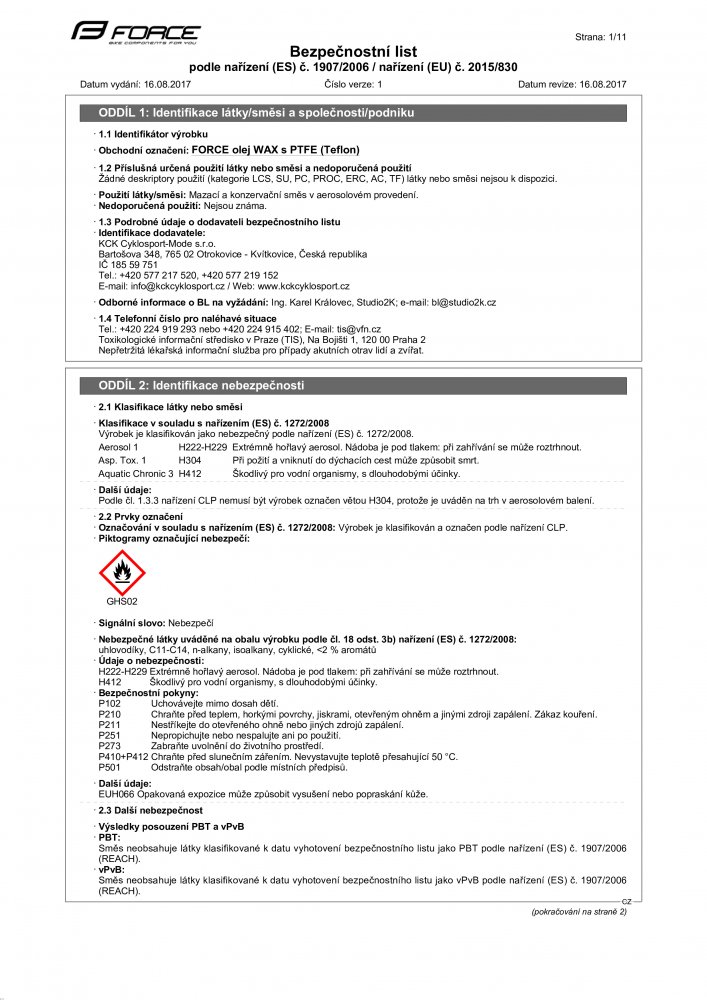mazivo-sprej FORCE olej WAX s PTFE (Teflon), 150ml