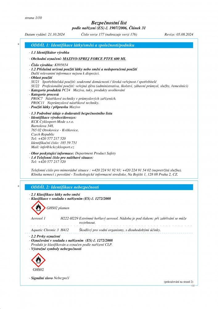 mazivo-sprej FORCE PtFe 600ml