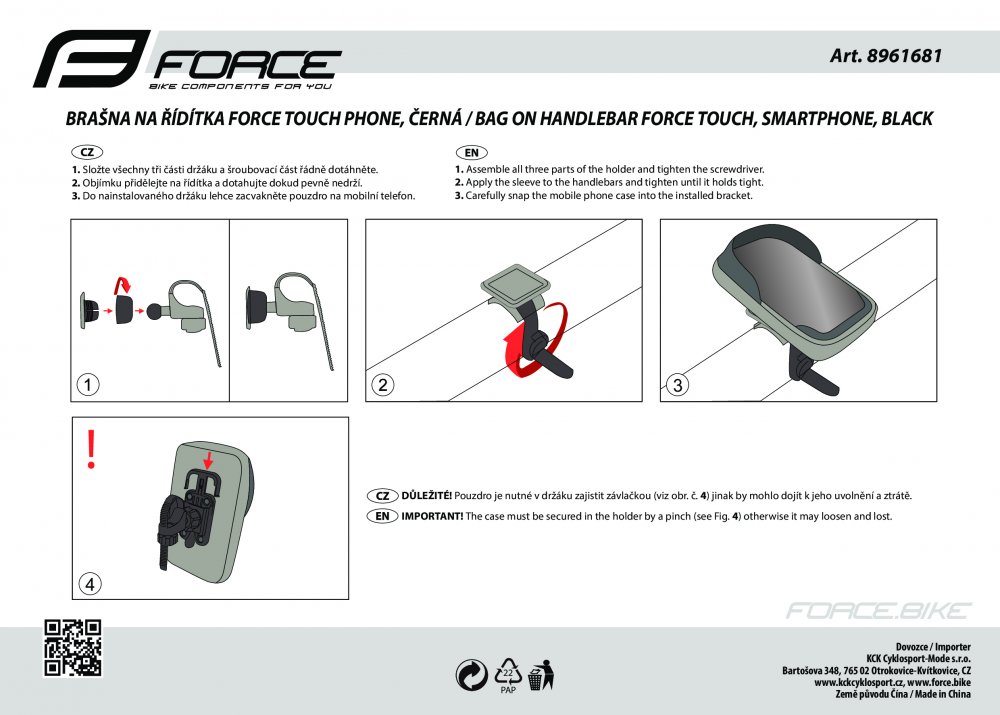brašna na řídítka FORCE TOUCH phone, černá