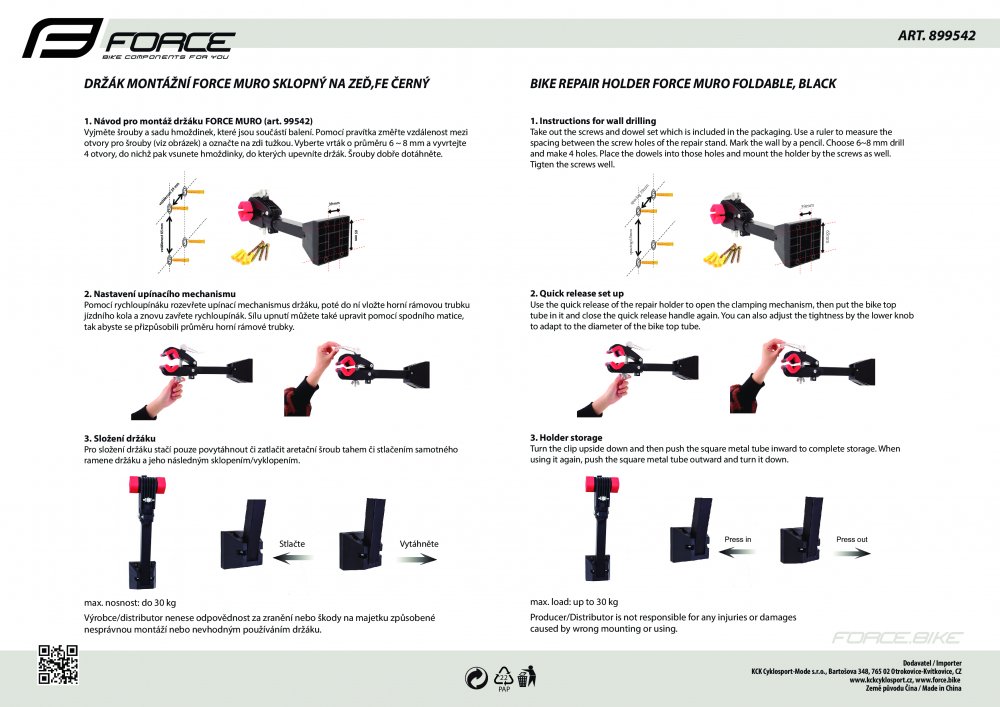 držák montážní FORCE MURO sklopný na zeď,Fe černý