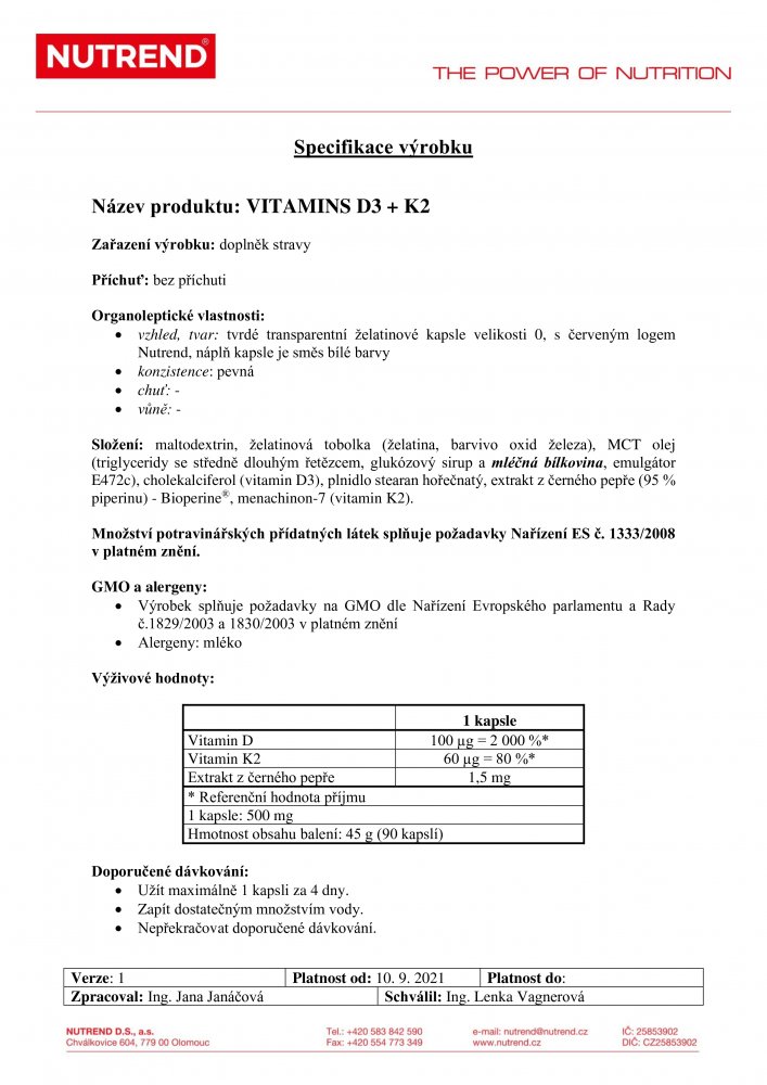 Vitamins D3+K2, 90 kapslí