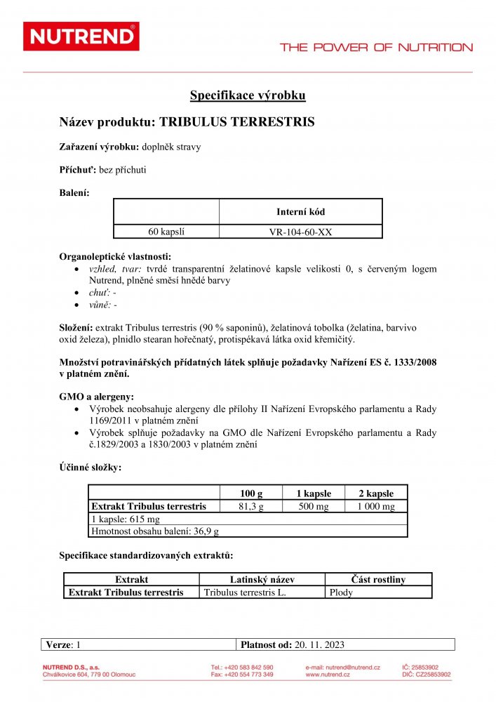Tribulus Terrestris, 60 kapslí