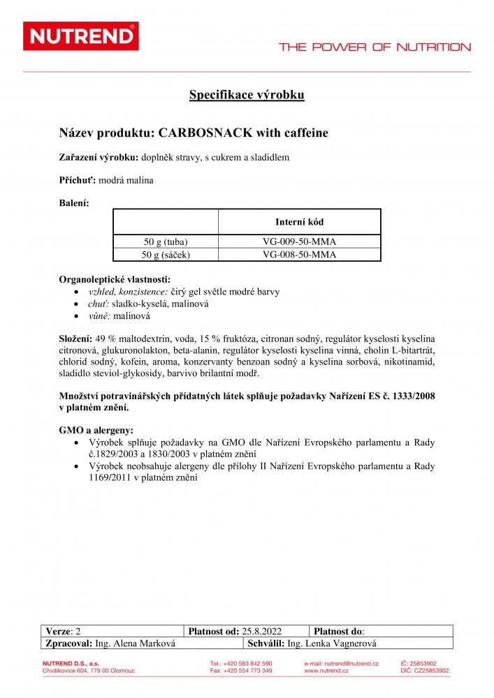 Carbosnack Gel+kofein,tuba,12x 50 g box,mod malina