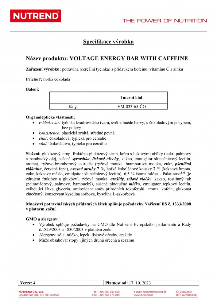 Voltage Energy Bar + kofein, tyčinka, 65g hoř čoko