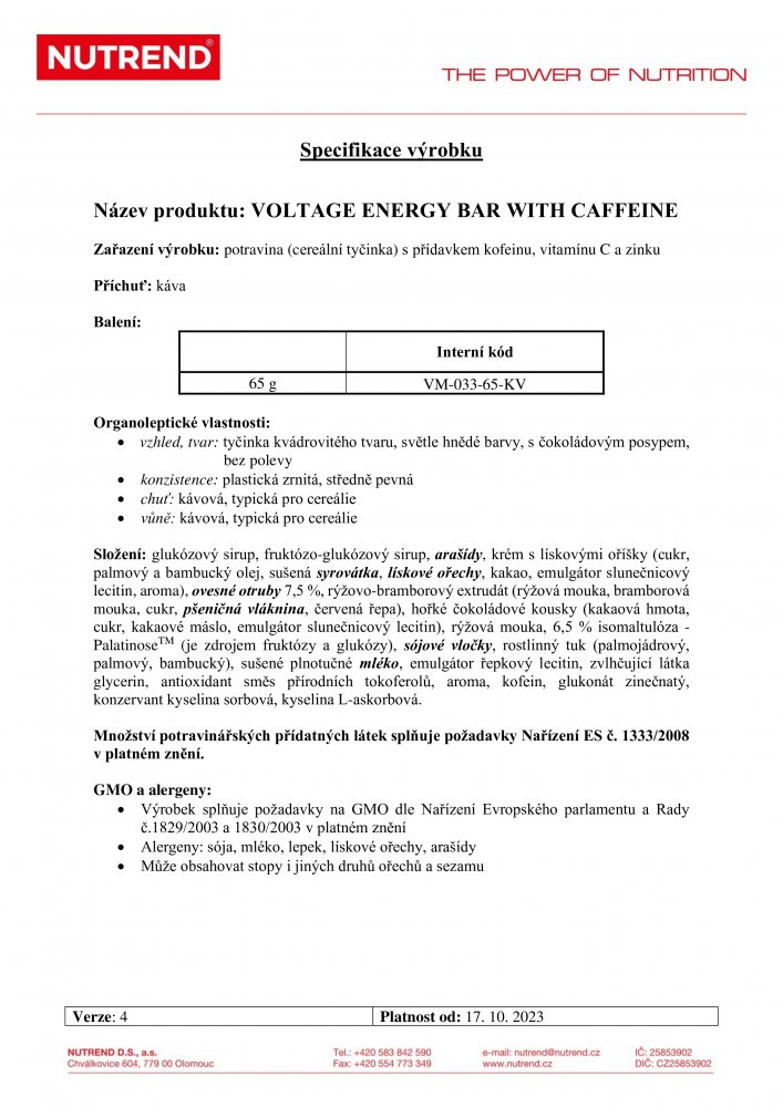 Voltage Energy Bar + kofein, tyčinka, 65 g káva