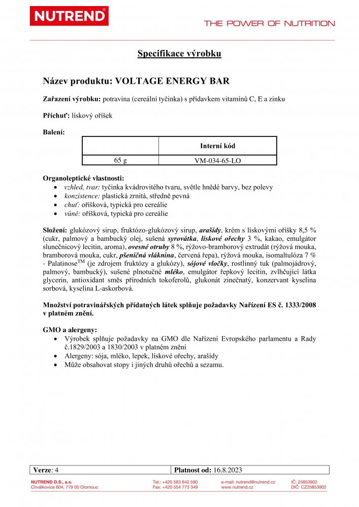 Voltage Energy Bar, tyčinka, 65 g lískový ořech