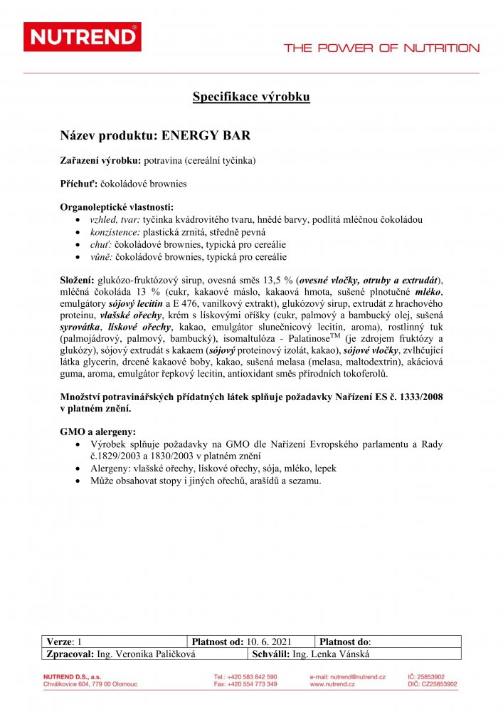 Energy Bar, tyčinka, 60 g čokoládové brownies