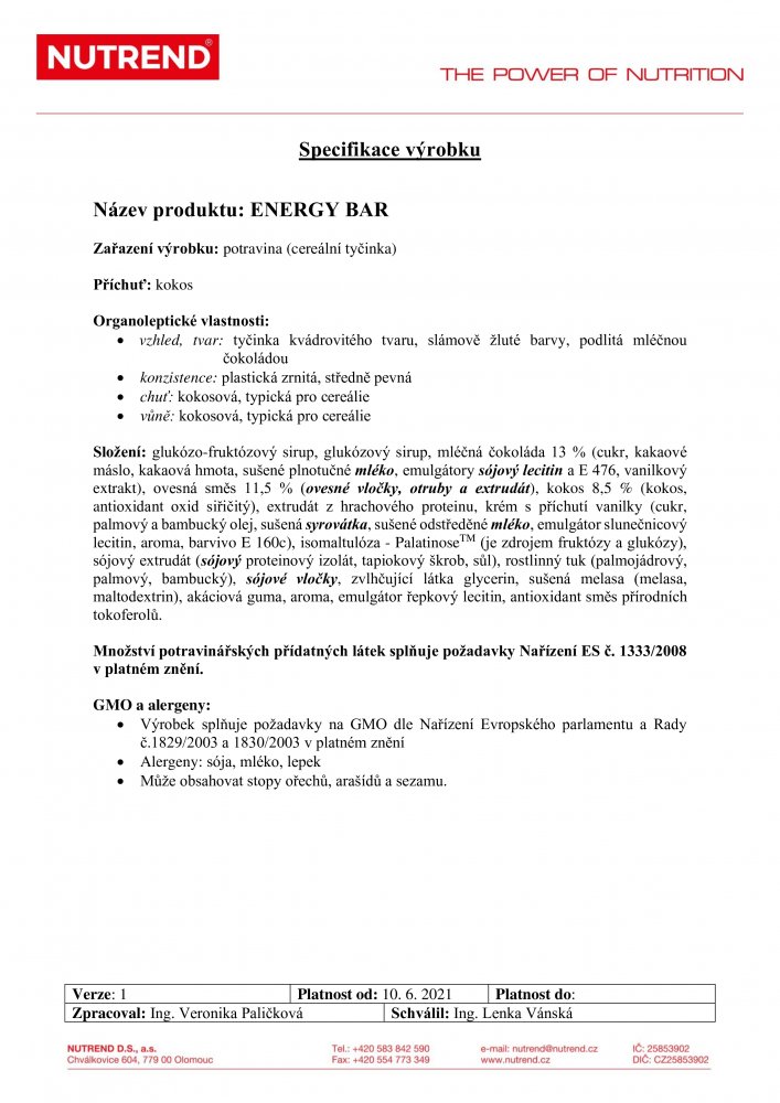 Energy Bar, tyčinka, 60 g kokos