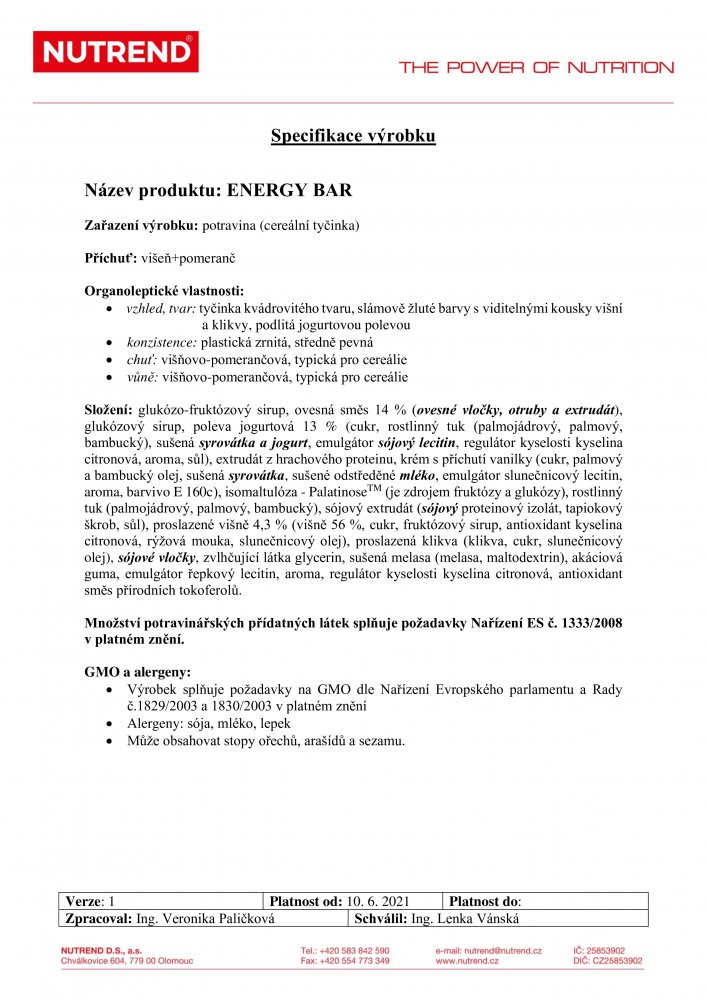 Energy Bar, tyčinka, 60 g višeň a pomeranč