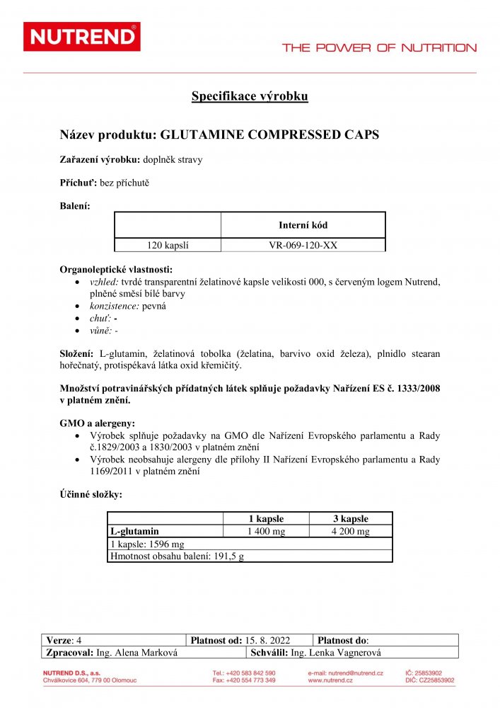 Glutamine Compressed Caps, 120 kapslí 