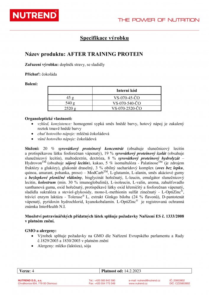 After Training Protein, sáček, 540 g čokoláda