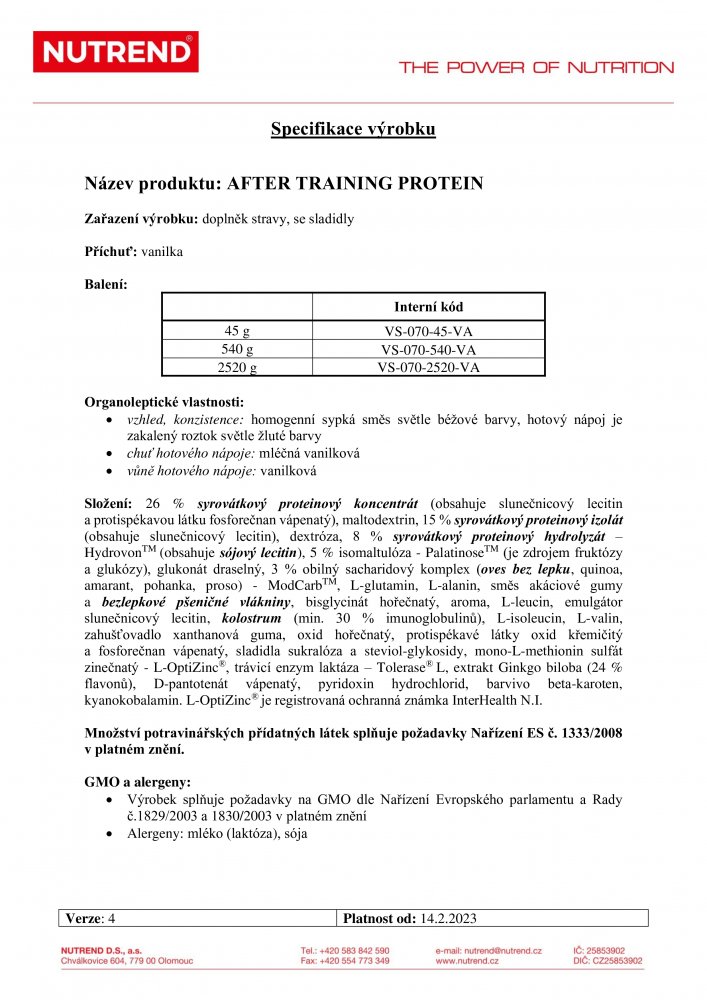 After Training Protein, sáček, 540 g vanilka