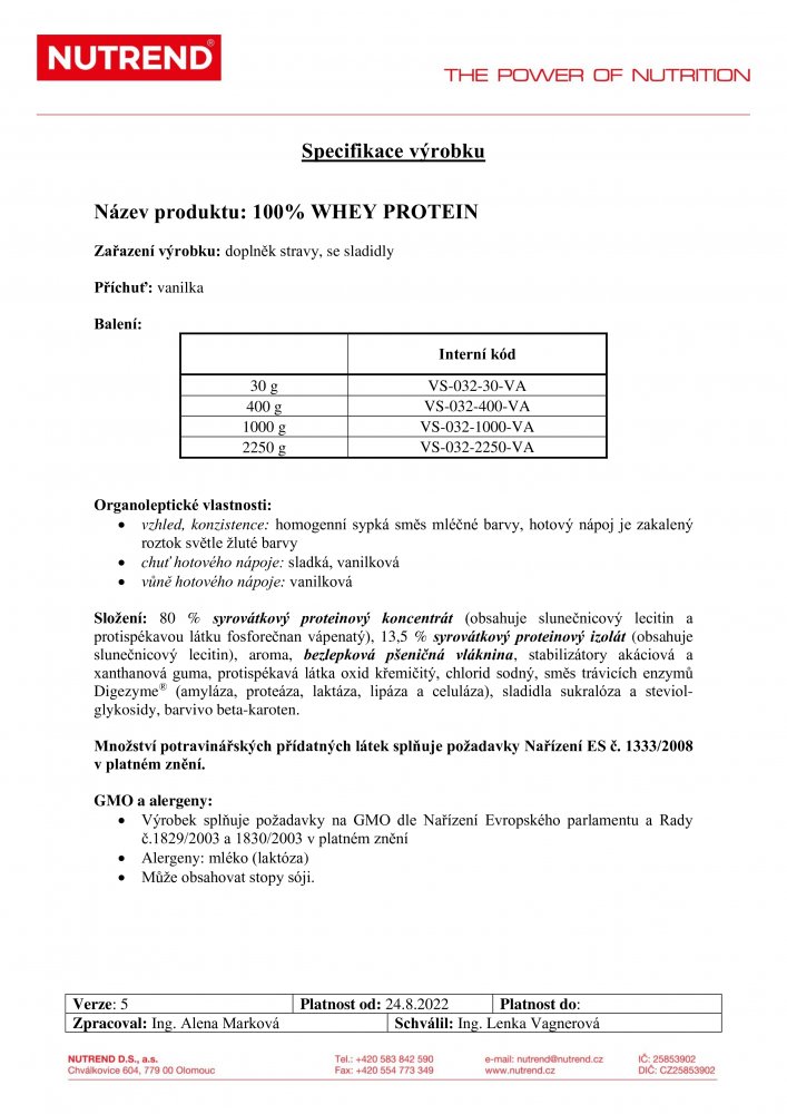 100% Whey Protein, sáček, 1000 g vanilka