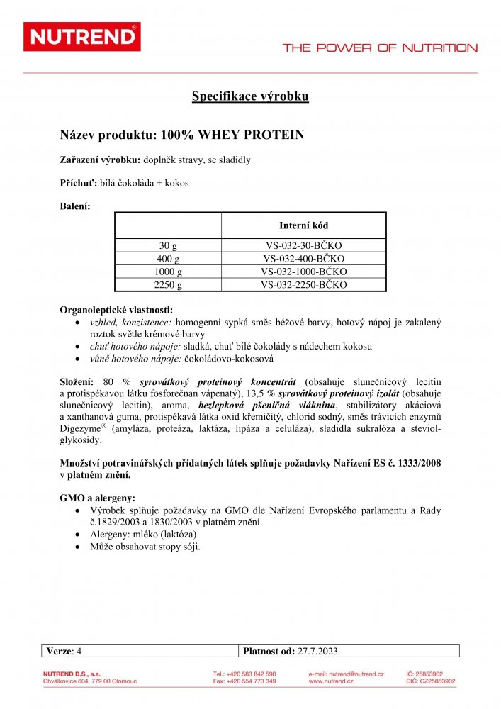 100% Whey Protein, sáček, 1000 g bílá čoko a kokos