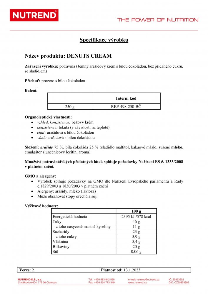 Denuts Cream, 250 g prozero s bílou čokoládou