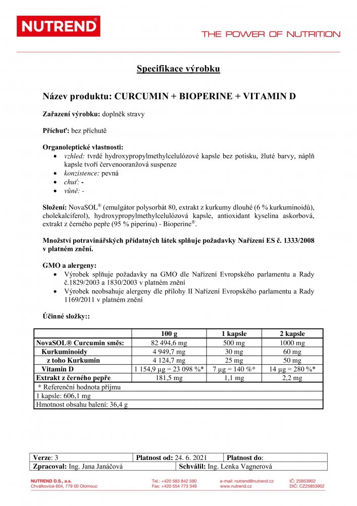 Curcumin + Bioperine + Vitamin D, 60 kapslí