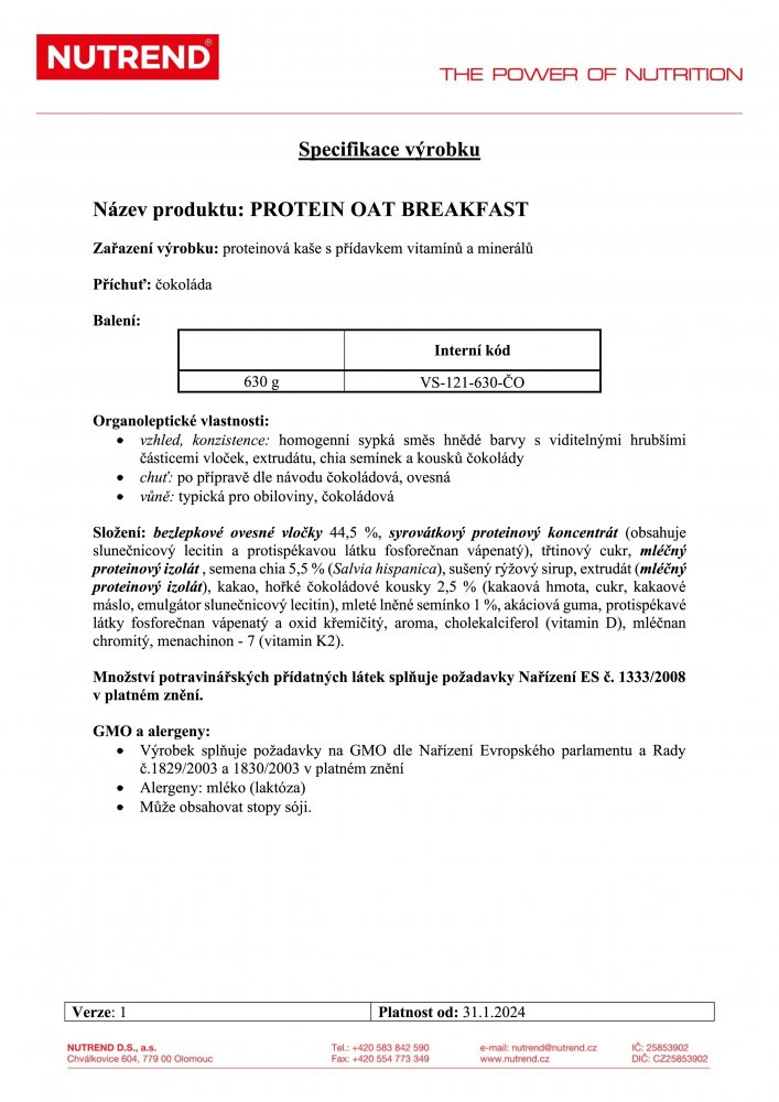 Protein Oat Breakfast, sáček, 630 g čokoláda