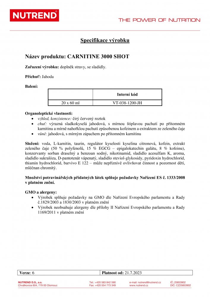 Carnitine 3000 Shot, 20x 60 ml box, jahoda